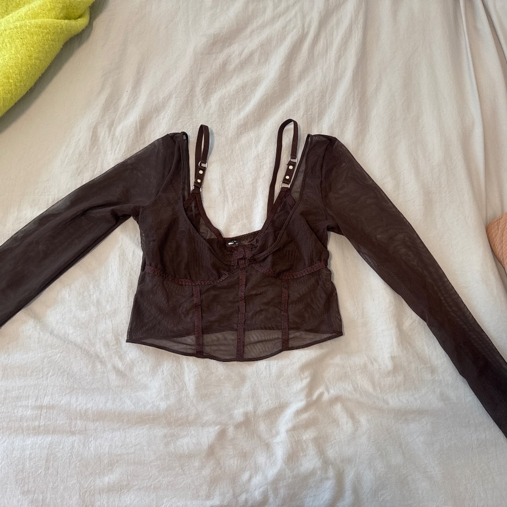 Sheer brown mesh bodysuit with long sleeves